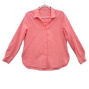 Pink Button Up Roll Tab‎ Sleeve Flax Cotton Blend Blouse Collar Vneck L